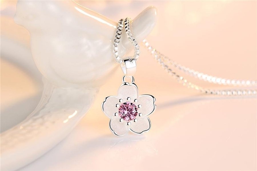 Sterling Silver blomma 925 stämplat halsband rosa zirkon kristall pläterad pion