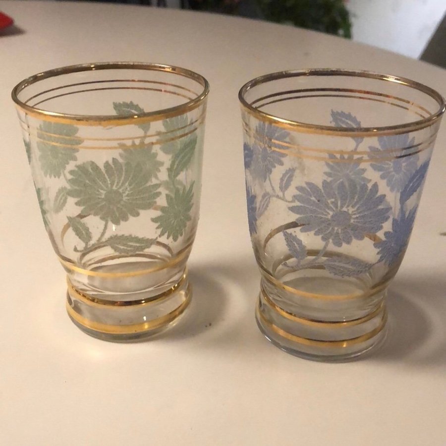 Två vintage retro dricksglas med guldränder och frostade blommor i pastellfärger