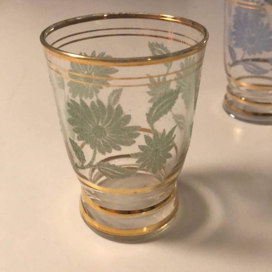 Två vintage retro dricksglas med guldränder och frostade blommor i pastellfärger