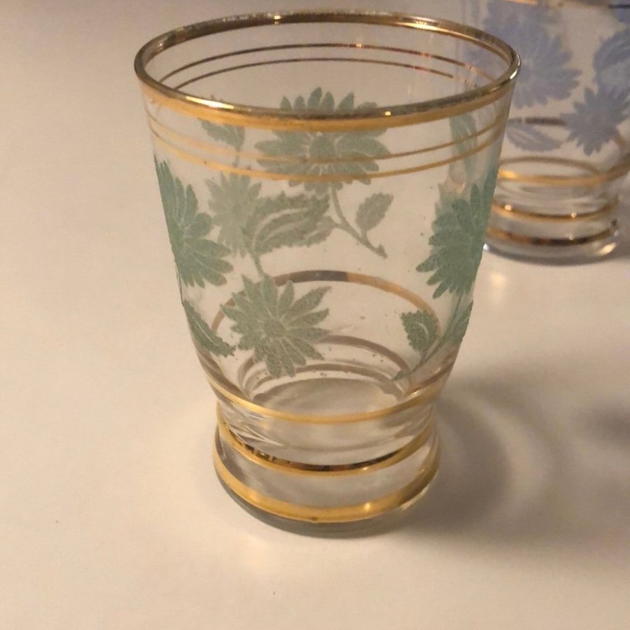 Två vintage retro dricksglas med guldränder och frostade blommor i pastellfärger