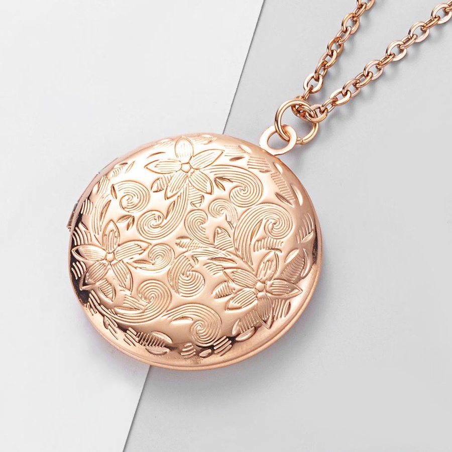 Halsband öppningsbar medaljong 60cm kedja blomma foto roséguld pläterad stål