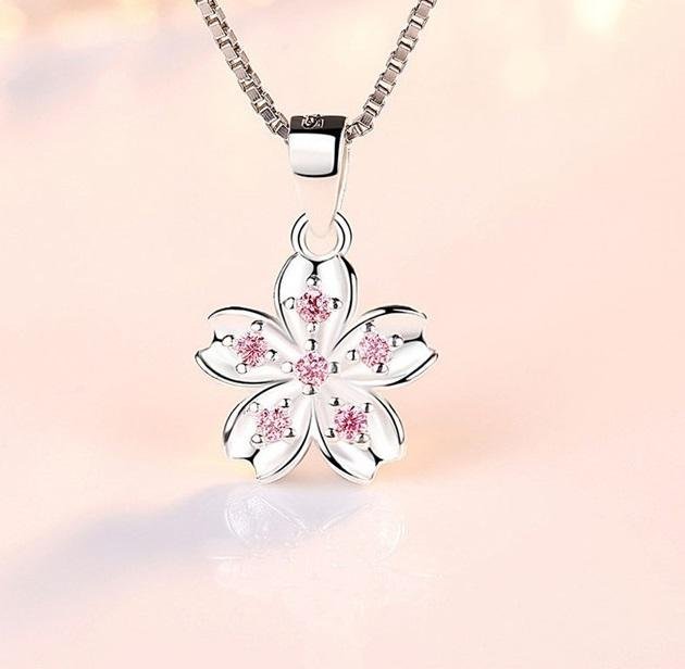 Sterling Silver små blomma 925 stämpel halsband Rosa zirkonkristall pläterad vår