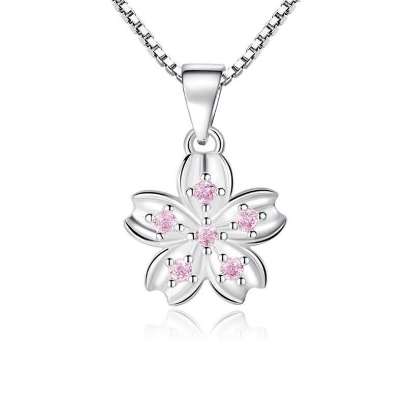 Sterling Silver små blomma 925 stämpel halsband Rosa zirkonkristall pläterad vår