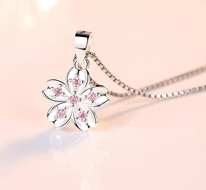 Sterling Silver små blomma 925 stämpel halsband Rosa zirkonkristall pläterad vår