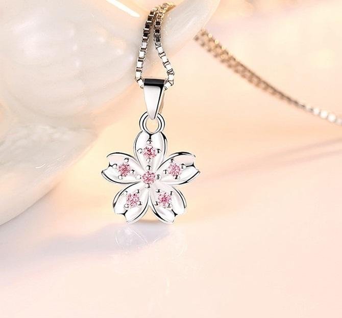 Sterling Silver små blomma 925 stämpel halsband Rosa zirkonkristall pläterad vår