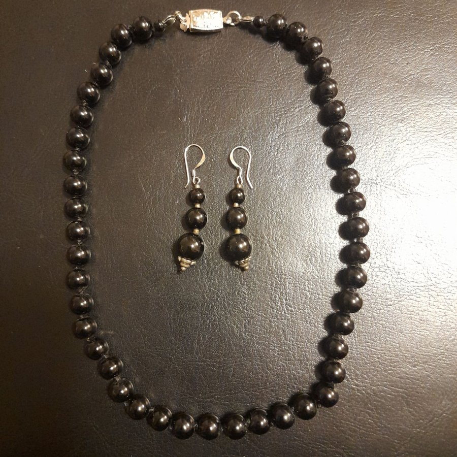 Retro set svart agat . Halsband . Örhängen silver 925