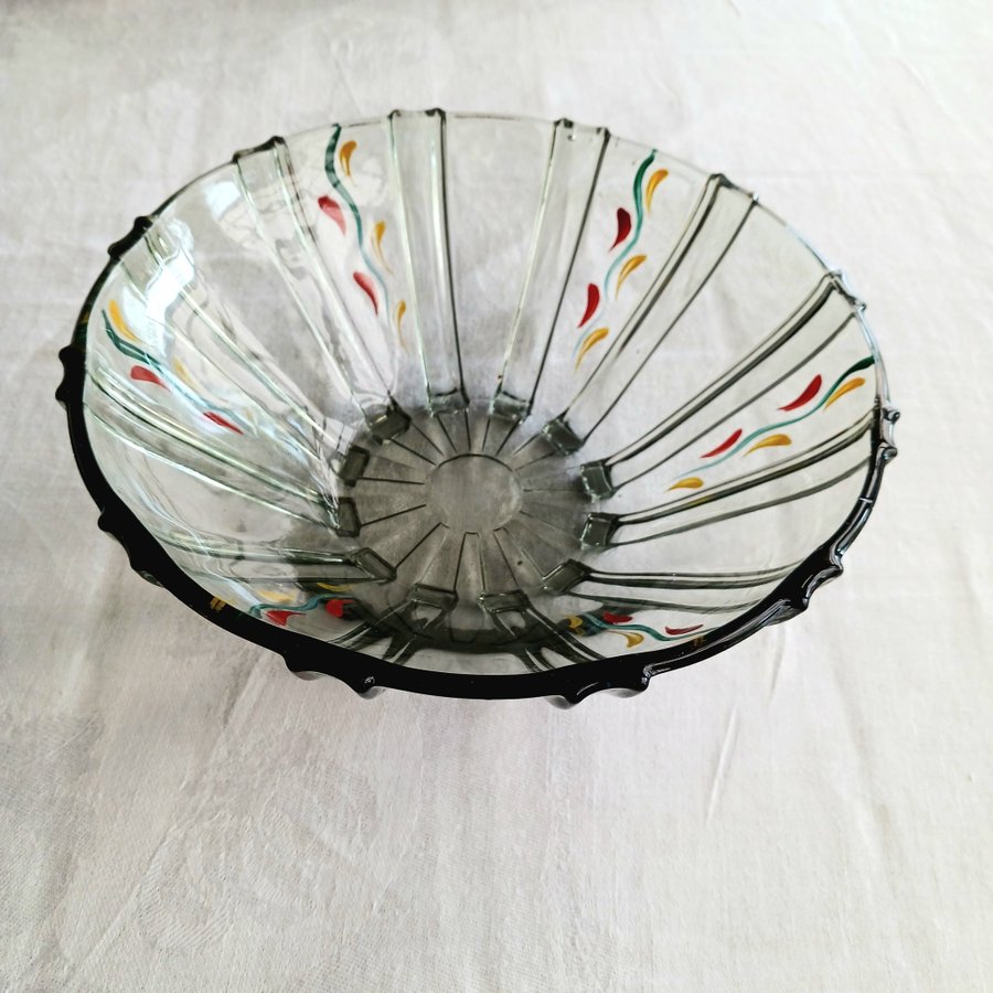 Handmålad glasskål med dekor Johansfors glasbruk 1940-50tal D 21cm Vintage