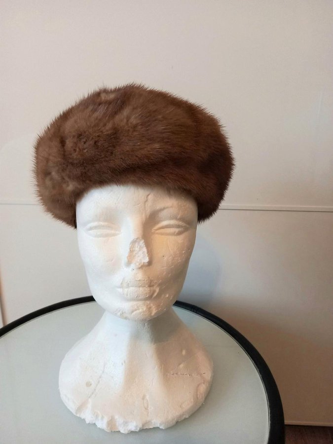 Vintage brun äkta mink päls minpäls basker pälsmössa päls mössa hatt