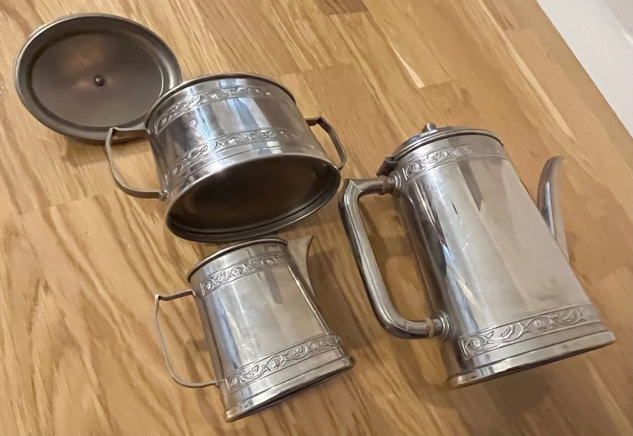 set med KANNA SOCKERSKÅL SNIPA tekanna med metall vintage mocca choklad glögg