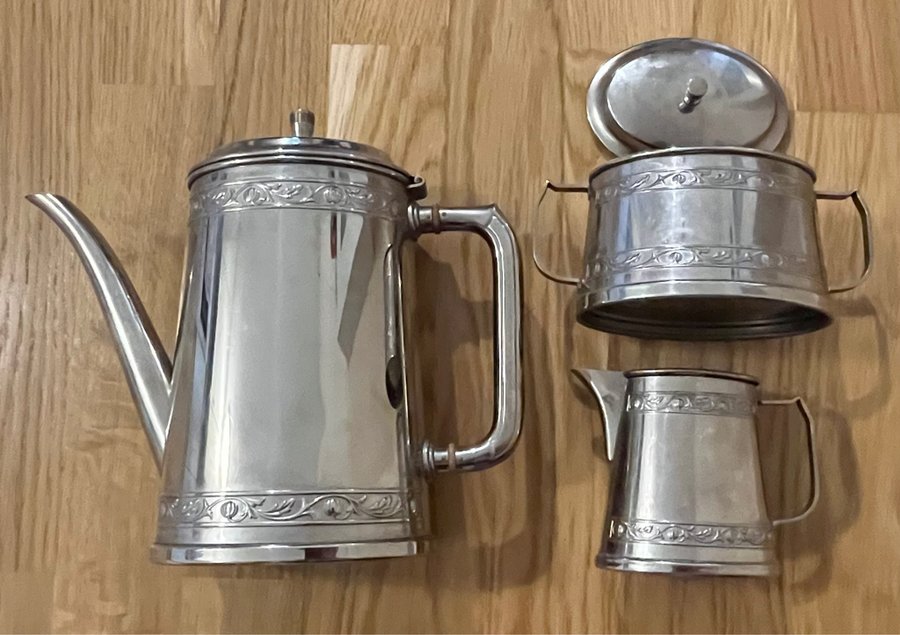 set med KANNA SOCKERSKÅL SNIPA tekanna med metall vintage mocca choklad glögg