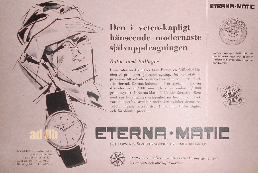 ETERNA MATIC - SJÄLVUPPDRAGANDE UR MED KULLAGER REKLAM TIDNINGSANNONS 1956