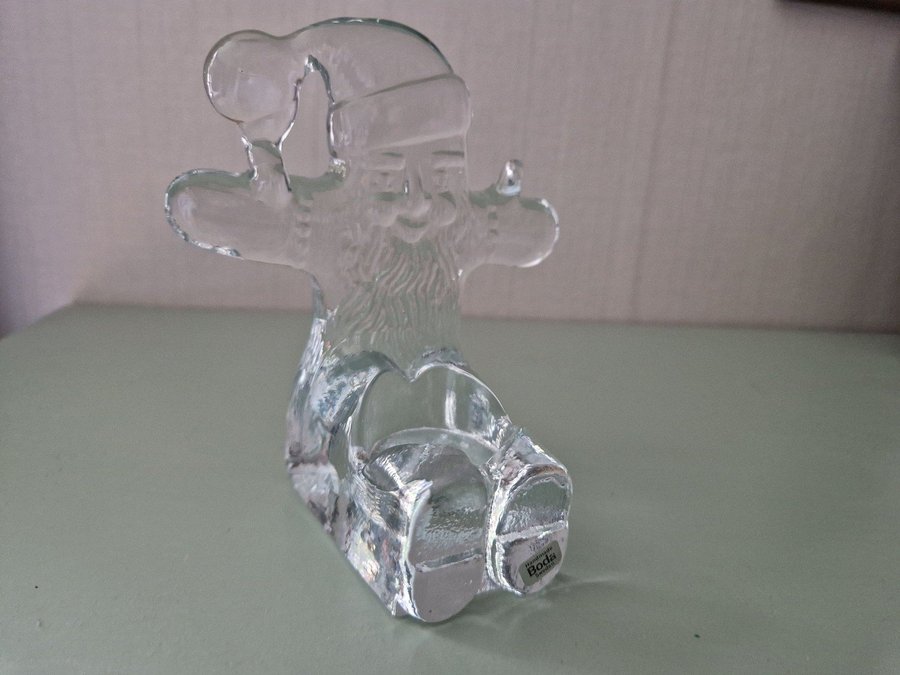 Ljusstake jultomte glas Bertil Vallien Boda glasbruk etikett märkt JUL RETRO