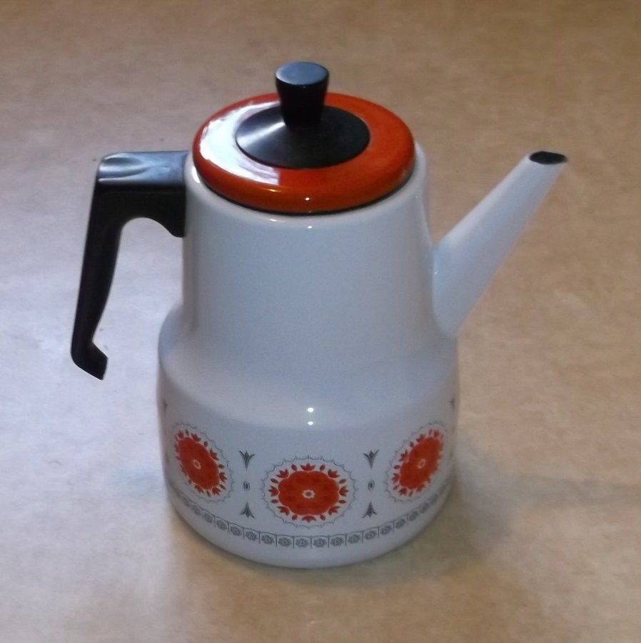 Kaffekanna emalj vit med orange blommor 1960-tal 17 L Vintage Retro