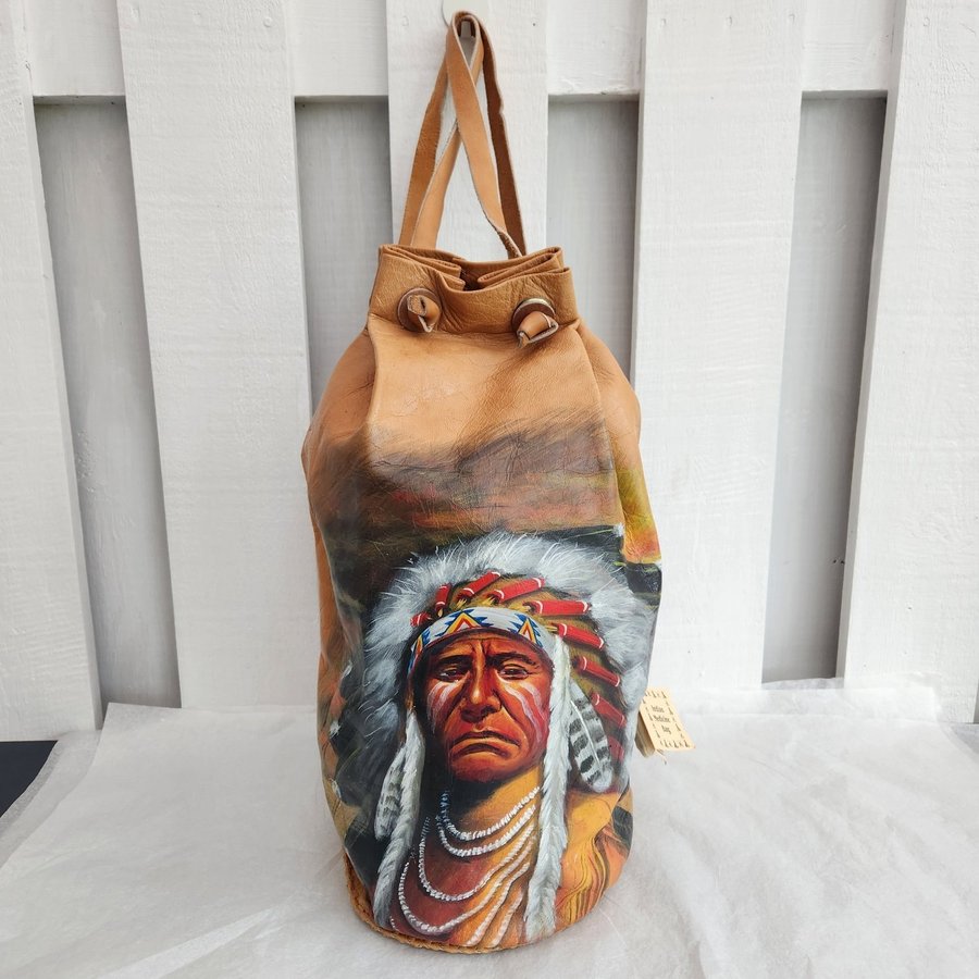 Native America Hand Painted Bucket Bag with Small Medicine Bag Attached