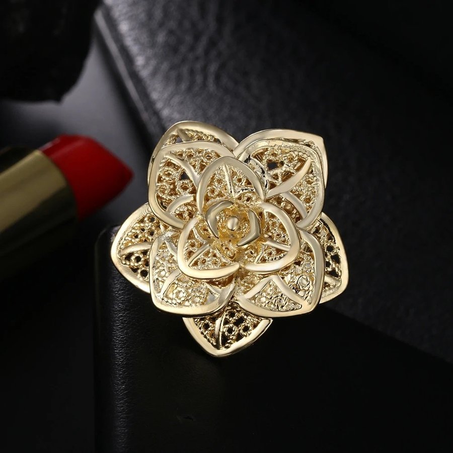 14K Guldpläterad 925 stämp ring blomma ros julblommor natur pion retro perenn 3d