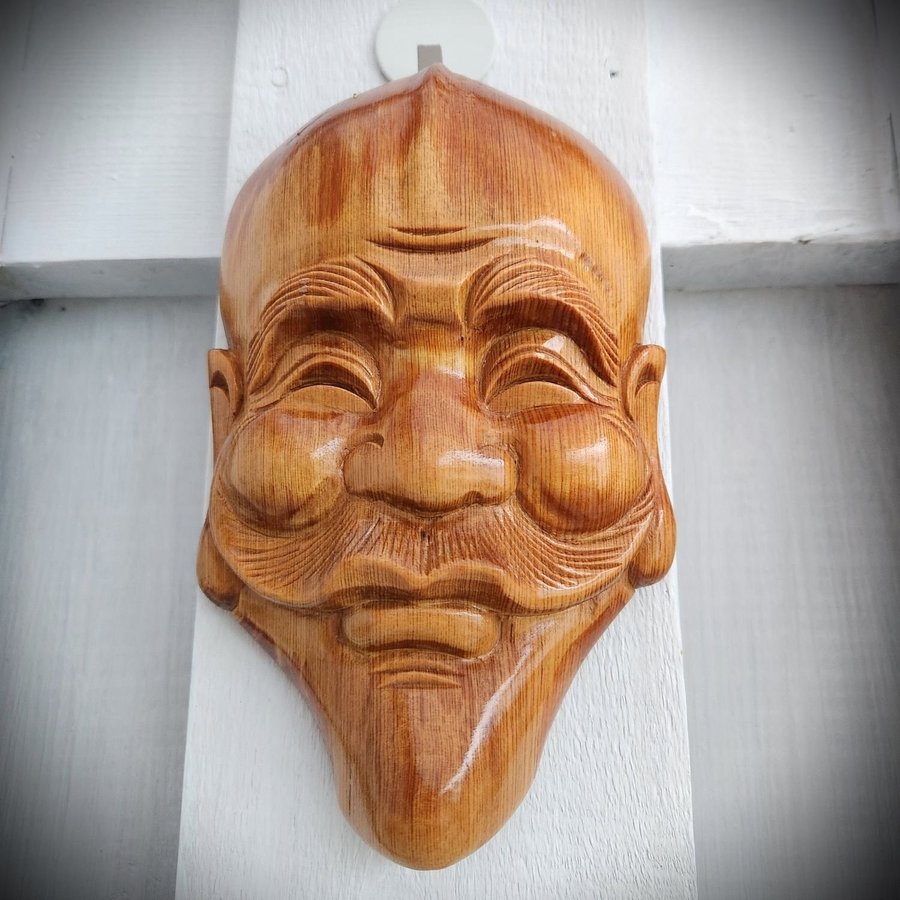 Hand-Carved Asian Man's Face Wooden Wall Art Sculpture