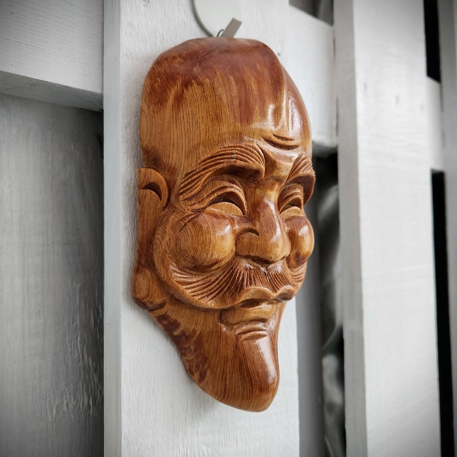 Hand-Carved Asian Man's Face Wooden Wall Art Sculpture