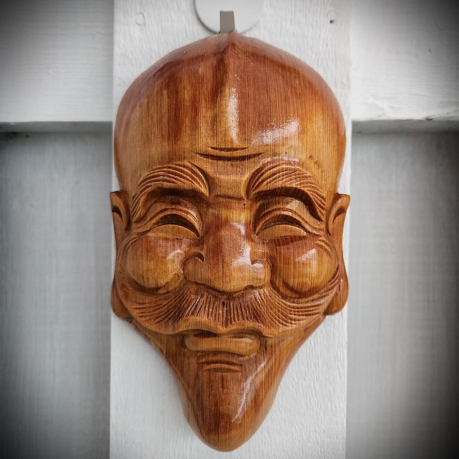 Hand-Carved Asian Man's Face Wooden Wall Art Sculpture