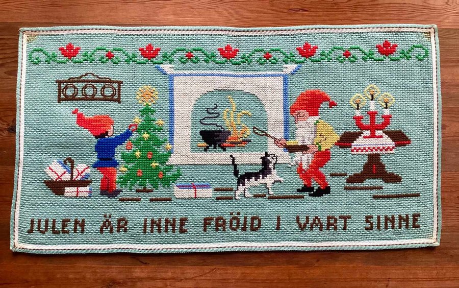 Fin julbonad med tomtar Broderad Korsstygn på turkos Aida Retro Vintage Linne