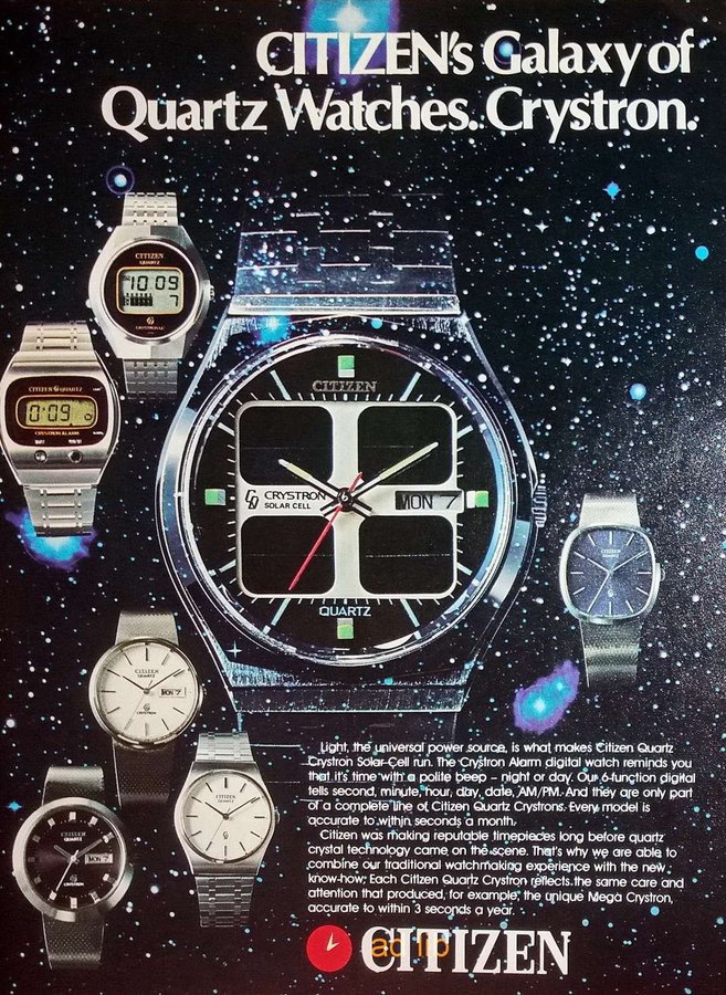 CITIZEN - GALAXY OF QUARTZ WATCHES CRYSTON REKLAM TIDNINGSANNONS 1976