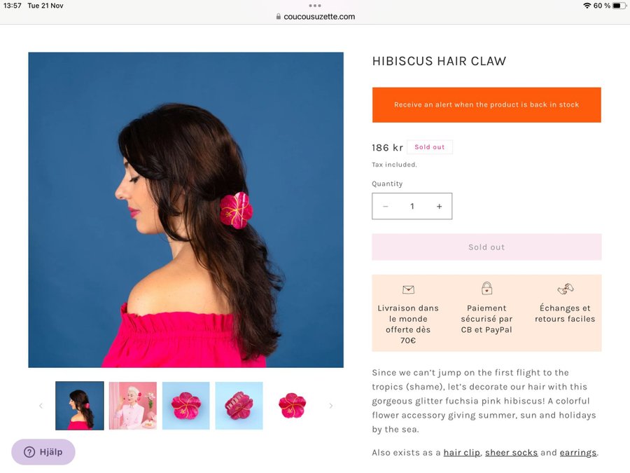 Ny Fransk Coucousuzette Hair Claw ”Hibiscus” Hårklamma Hårklo