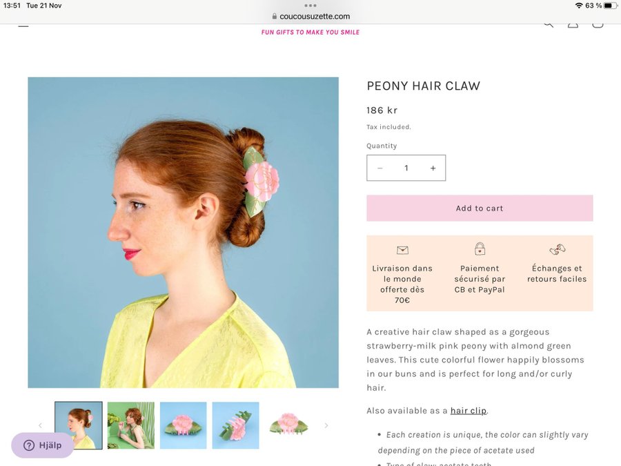 Ny Fransk Coucousuzette Hair Claw ”Peony” Hårklamma Hårklo