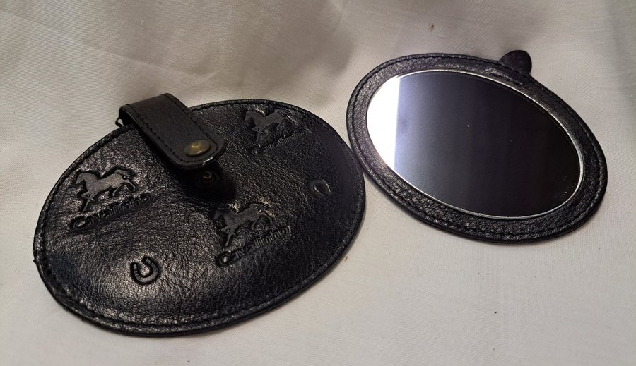 Vintage Resväska spegel på svart läder plånbok / Suitcase mirror Genuine Leather