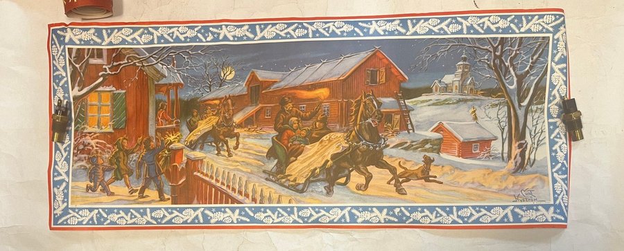 Gammal julbonad papper Curt Nyström 82x33cm julotta hästar hund