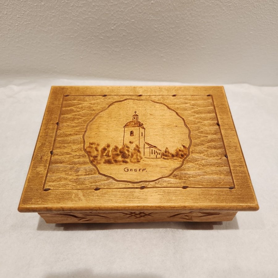 Handmade Wooden Trinket Jewelry Box Gnarps Kyrka Carved Top Svenska Kyrkan