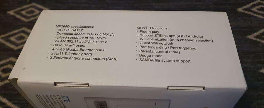 Zte 4g wireless router model Mf286D ( fint skick) telia