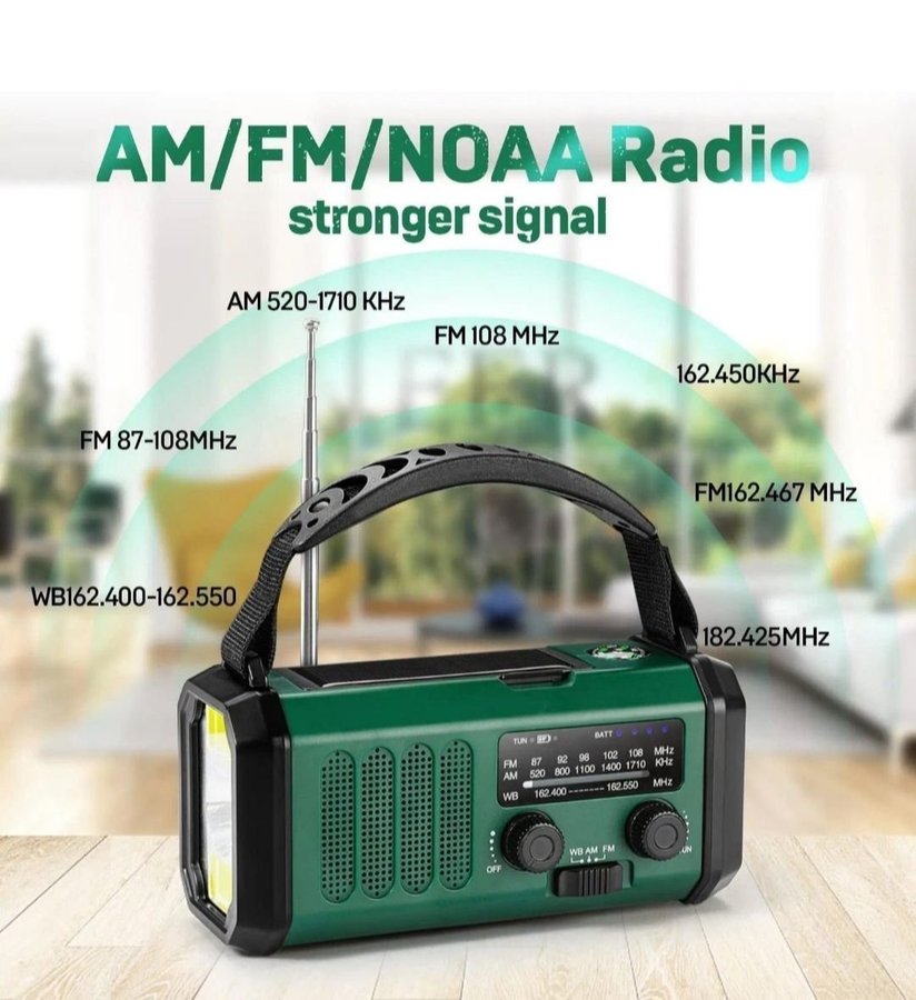 Nödradio vevradio 10000 mAh inbyggd Powerbank Lampa och Vev och generator