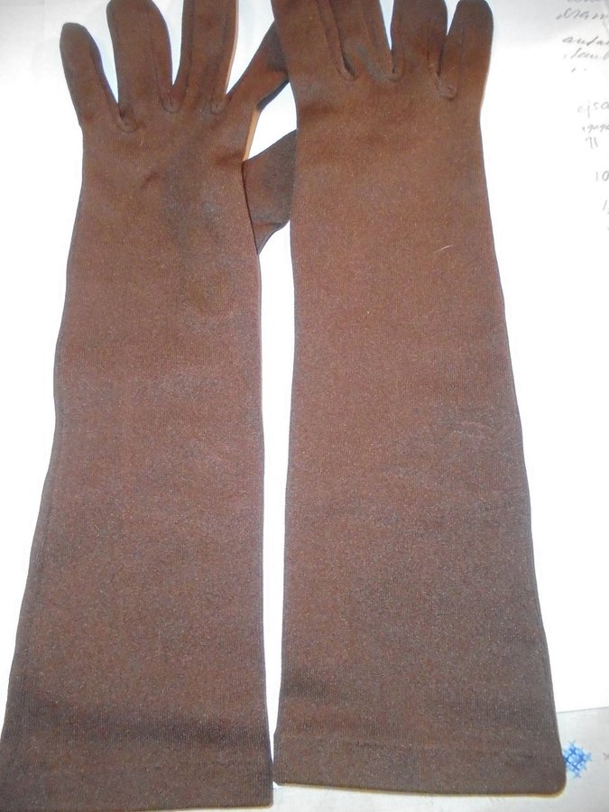 handskar bruna långa nylonhandskar vintage 50-tal