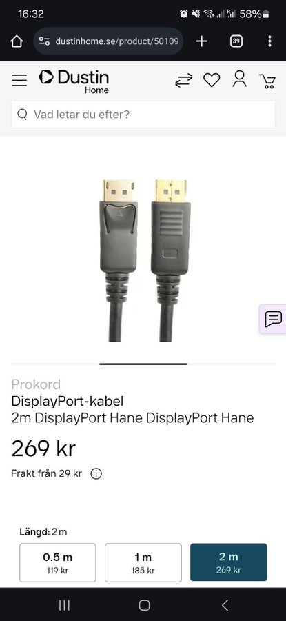 DisplayPort-kabel 2m DisplayPort Hane DisplayPort Hane