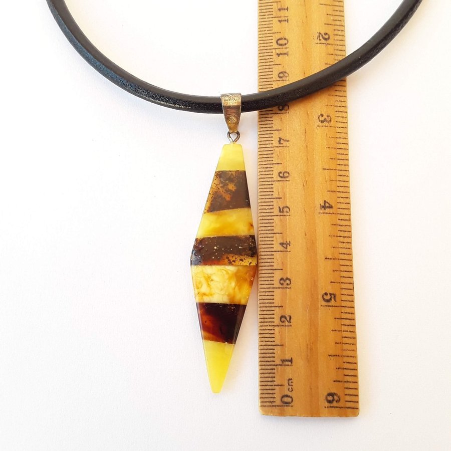 Baltic amber mosaic 925 sterling silver pendant on black natural leather cord