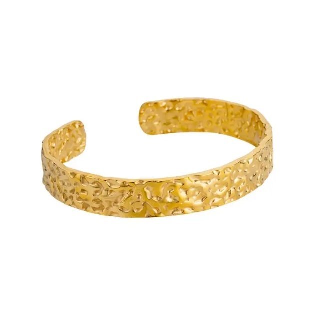 Unikt 14 K guld armband justerbar pläterat stål Nickelfri trendig hamrat bangle