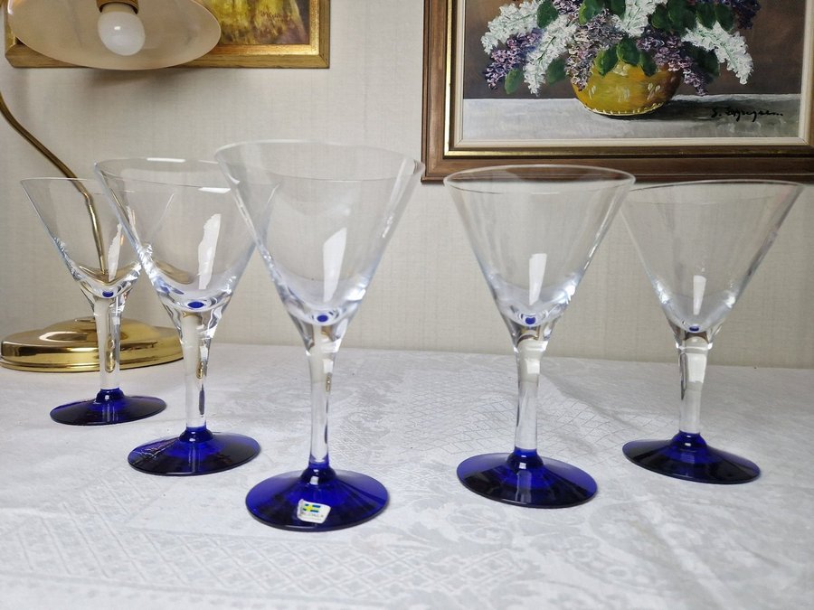 5 st Martini/ Cocktail champagneglas Glas BERGDALA GLASBRUK blå fot RETRO