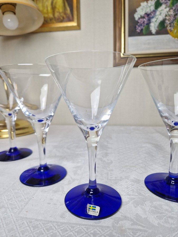 5 st Martini/ Cocktail champagneglas Glas BERGDALA GLASBRUK blå fot RETRO