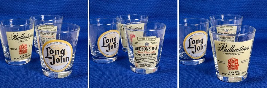 3 ST WHISKY GLAS MED TRYCK: BALLANTINE'S LONG JOHN  HUDSON'S BAY