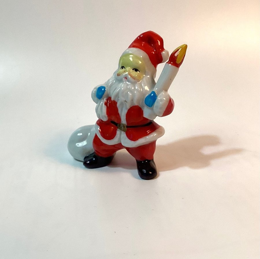 Äldre Porslinsfigur Jultomte Tomte med ljus och säck 1950-1960-tal Vintage Retro