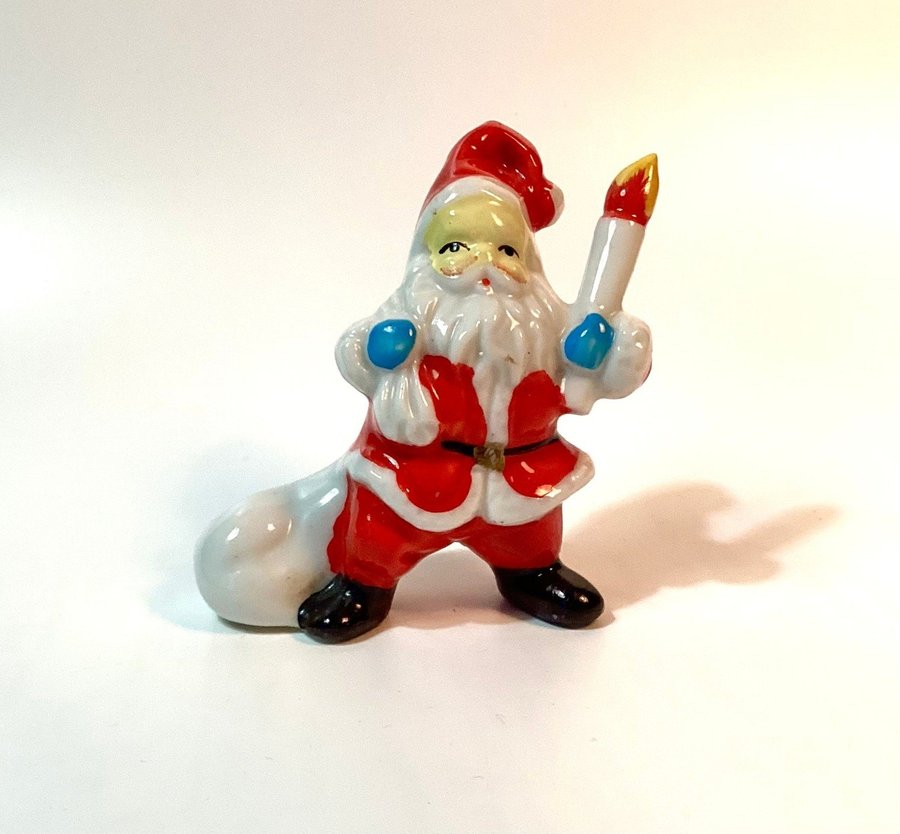 Äldre Porslinsfigur Jultomte Tomte med ljus och säck 1950-1960-tal Vintage Retro