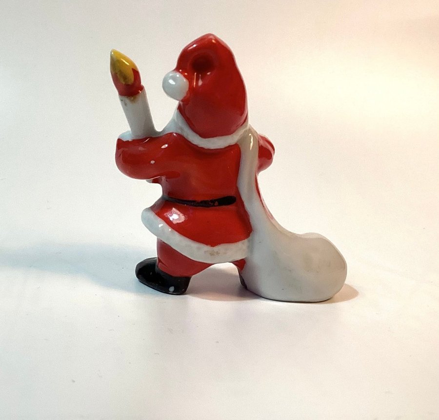 Äldre Porslinsfigur Jultomte Tomte med ljus och säck 1950-1960-tal Vintage Retro