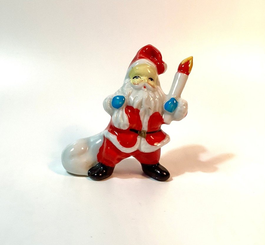 Äldre Porslinsfigur Jultomte Tomte med ljus och säck 1950-1960-tal Vintage Retro