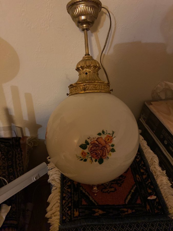 Vintage klottacklampa, glas/mässing, blommotiv Retro