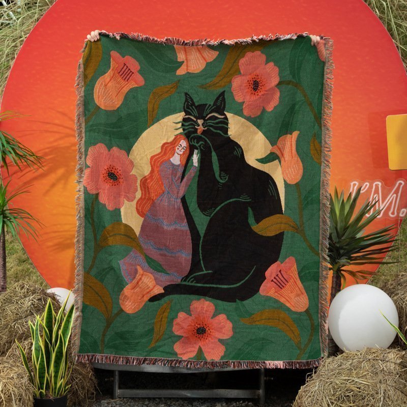 Black Cat Girl Sofa Thread Blanket Decoration tapestry tassel carpet,130*160cm