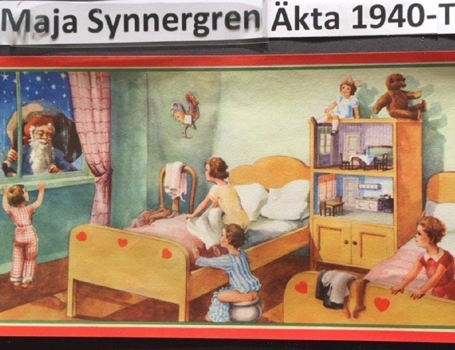 Synnergren?:Barnkammare nalle docka dockskåp 1940tStor pappersbonad 35x85c