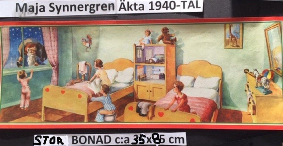 Synnergren?:Barnkammare nalle docka dockskåp 1940tStor pappersbonad 35x85c