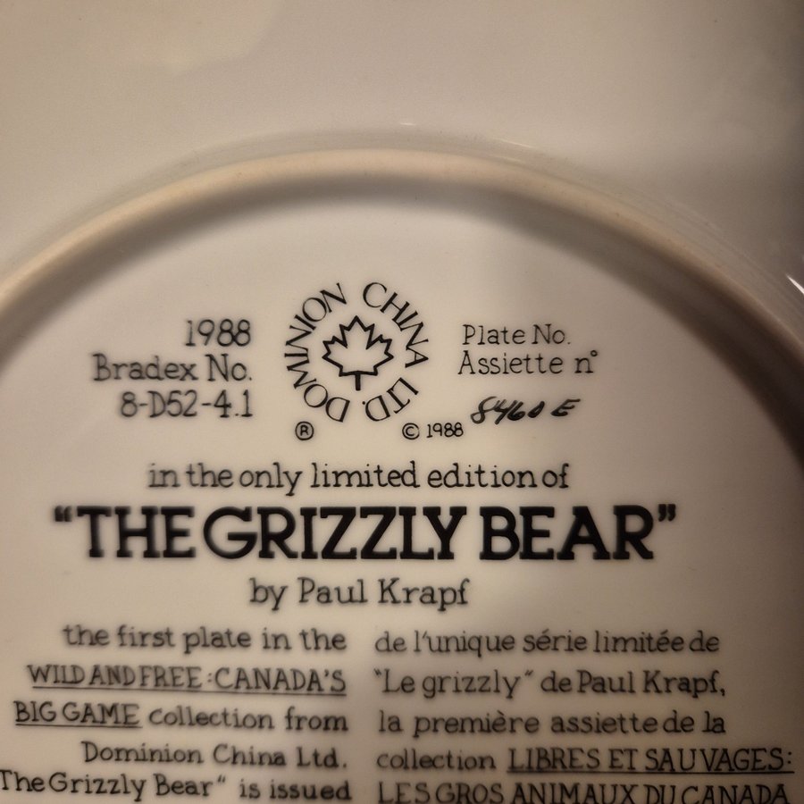 Samlartallrik. Wild And Free - Canadas Big Game. The Grizzly Bear. Ltd Ed. Mint.