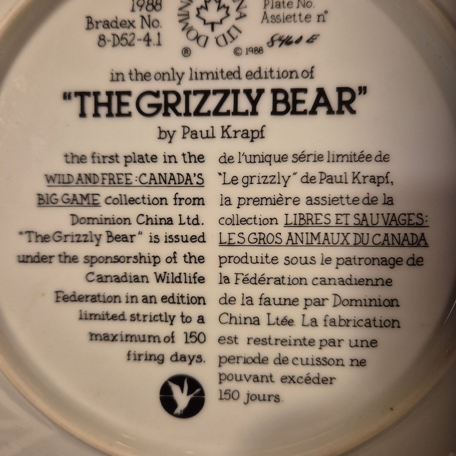 Samlartallrik. Wild And Free - Canadas Big Game. The Grizzly Bear. Ltd Ed. Mint.