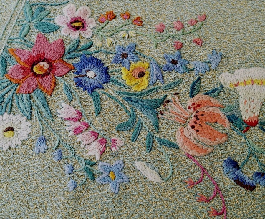 Jugend - Art Nouveau - Äldre så vacker Handbroderad duk med blommor