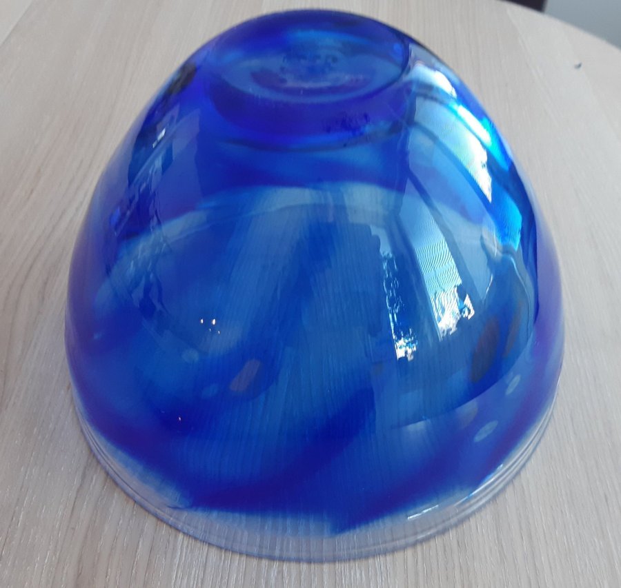 Jättefin Kristall Konstglas signerad blå Skål Vas D23 H14 cm